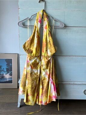 Zara Halter Summer Tie - Dye Mini Dress. Pink and Yellow